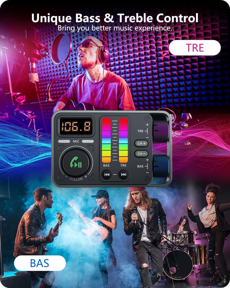 Lencent Bluetooth Car Adapter, Bluetooth 5.3 FM Radio Transmitter with Hi-Fi Treble & Bass Music Player, PD20W and QC18W Fast Charger, Dual Mics for Hands-Free Call, Siri & Google, U Disk/3.5mm AUX - Image 2